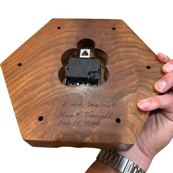 Vintage Handmade Black Walnut Carved Wall Clock Star of David? Hexagon HEAVY - Picture 3 of 5